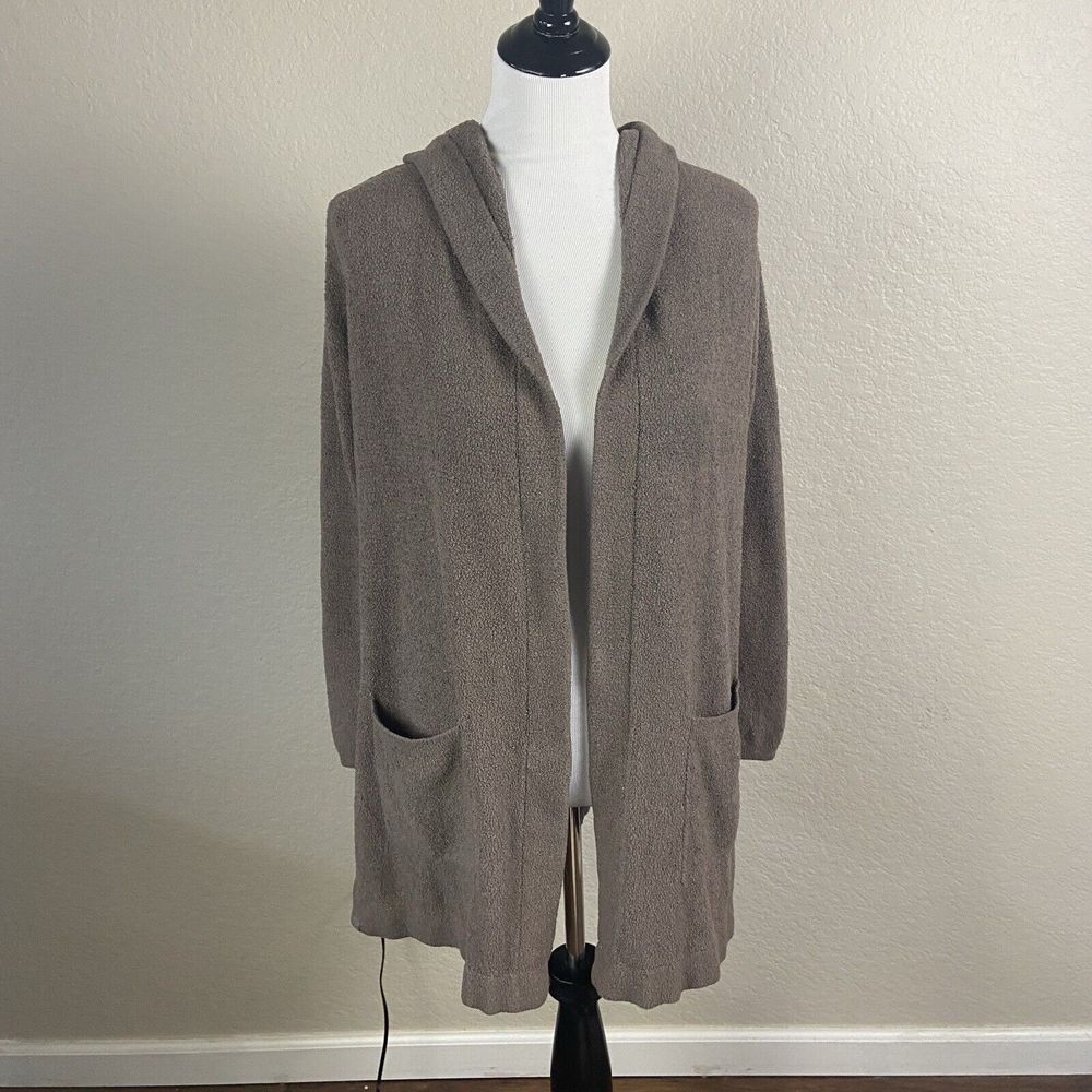 Barefoot Dreams Womens Knitted Open Front Hooded Cardigan Sweater Taupe Size XS